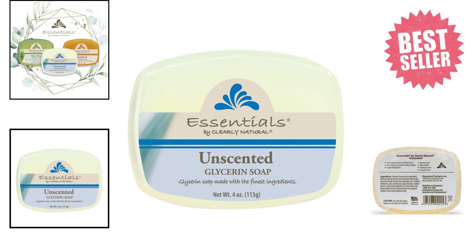 Essentials Glycerin Bar Soap, Unscented, 4 Ounce, Pack of 12 (Packaging May Vary