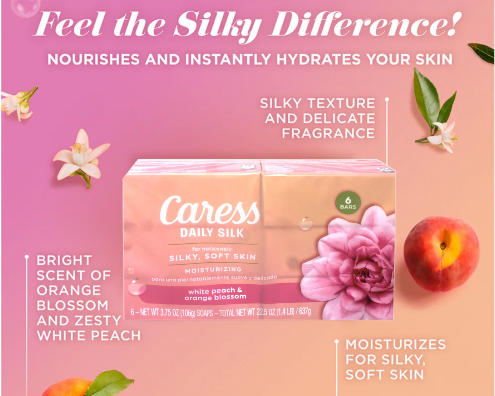 Caress Daily Silk Moisturizing Beauty Soap 3.75 oz 6 Bars White Peach 3 Pack