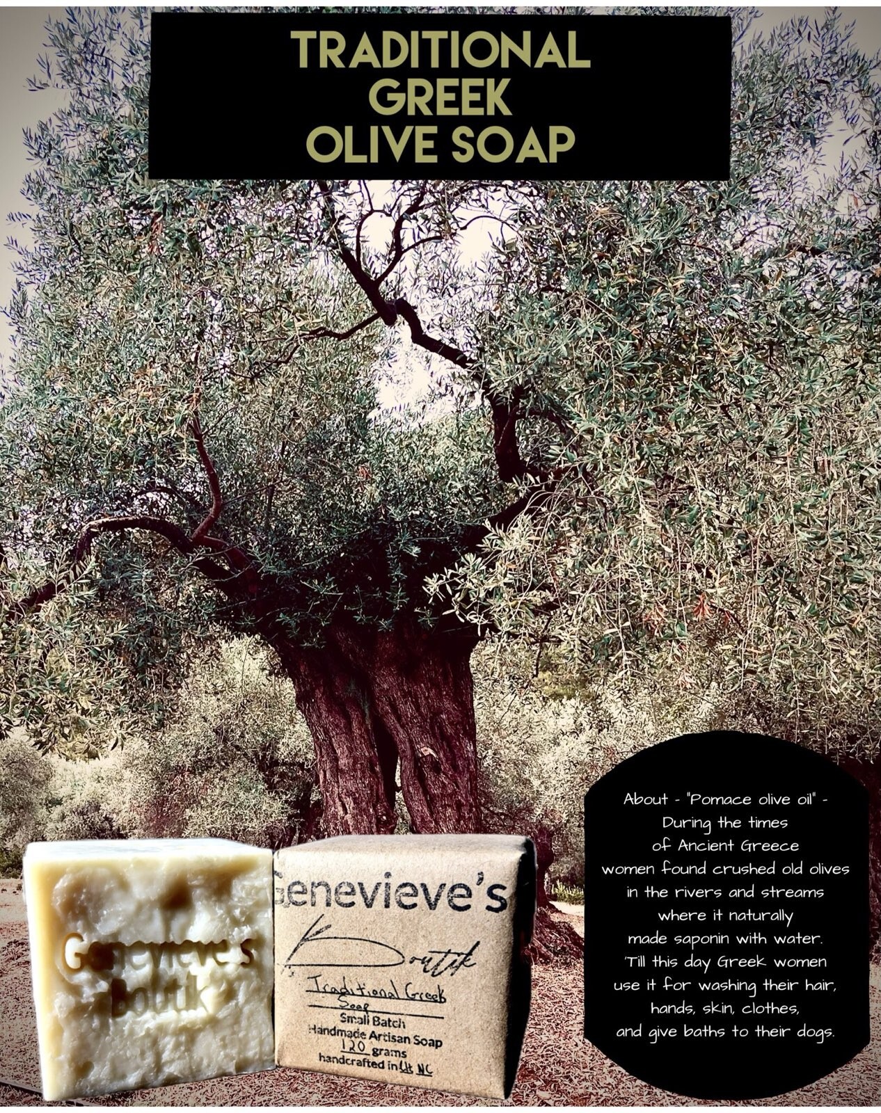 HANDMADE SOAP BARS – ARTISAN -GENEVIEVE’S TRADITIONAL GREEK OLIVE – Cold Process
