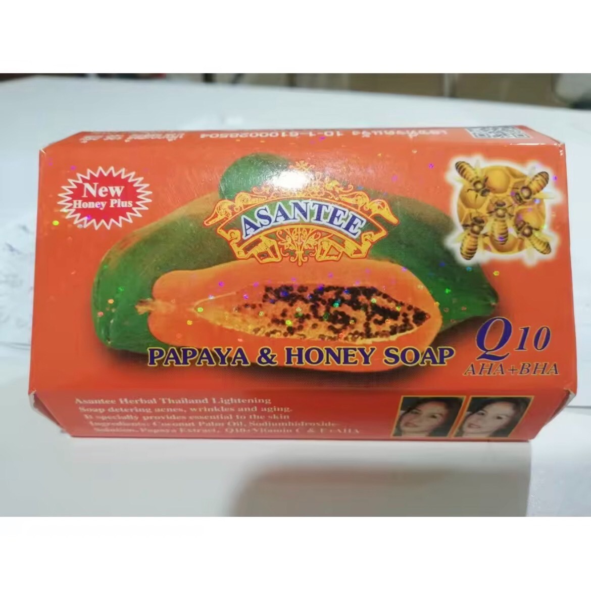 Asantee Papaya+ Honey Soap Thai Herbal with Q10, AHA, BHA Skin Whitening 125g.x2