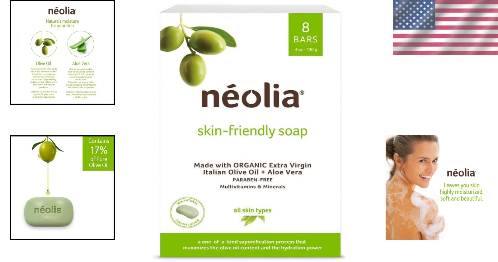 Neolia Olive Oil Soap Bar 8-Pack: Natural Moisturizing Cleanser with Aloe Vera