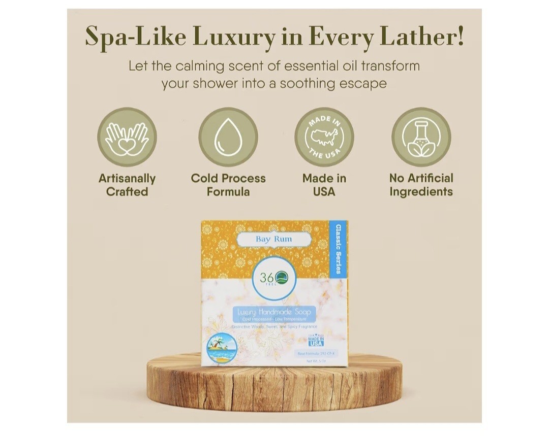 4pk – 360 Feel Bay Rum Bar Soap Handmade All-Natural USA Made 5oz Each New