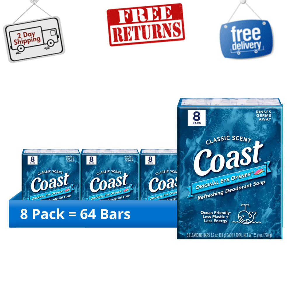 Coast Deodorant Bar Soap, Classic Scent, Refreshing Clean, 3.2 oz, 64 Bars Total