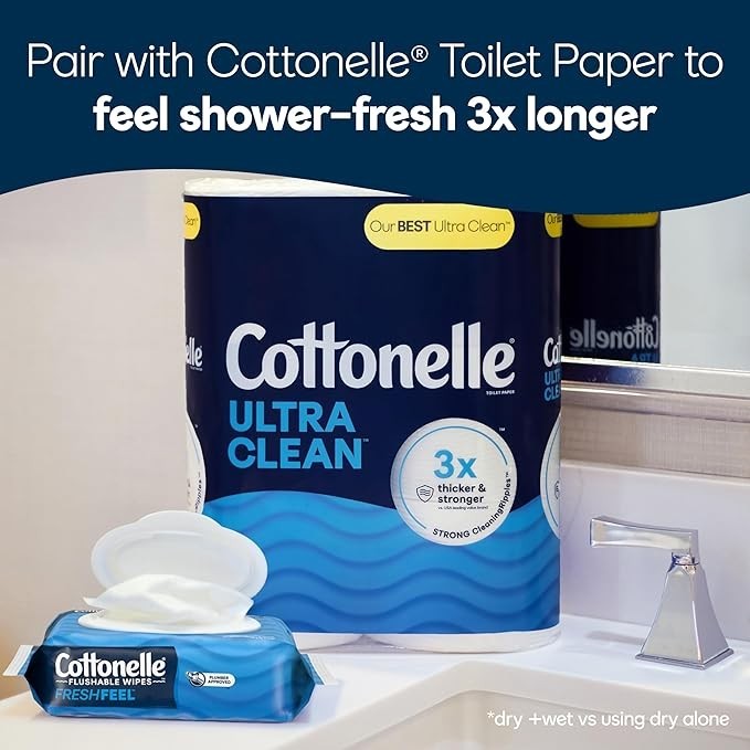 Cottonelle FreshFeel Flushable Wet Wipes for Adults and Kids, 8 Flip – Top Packs