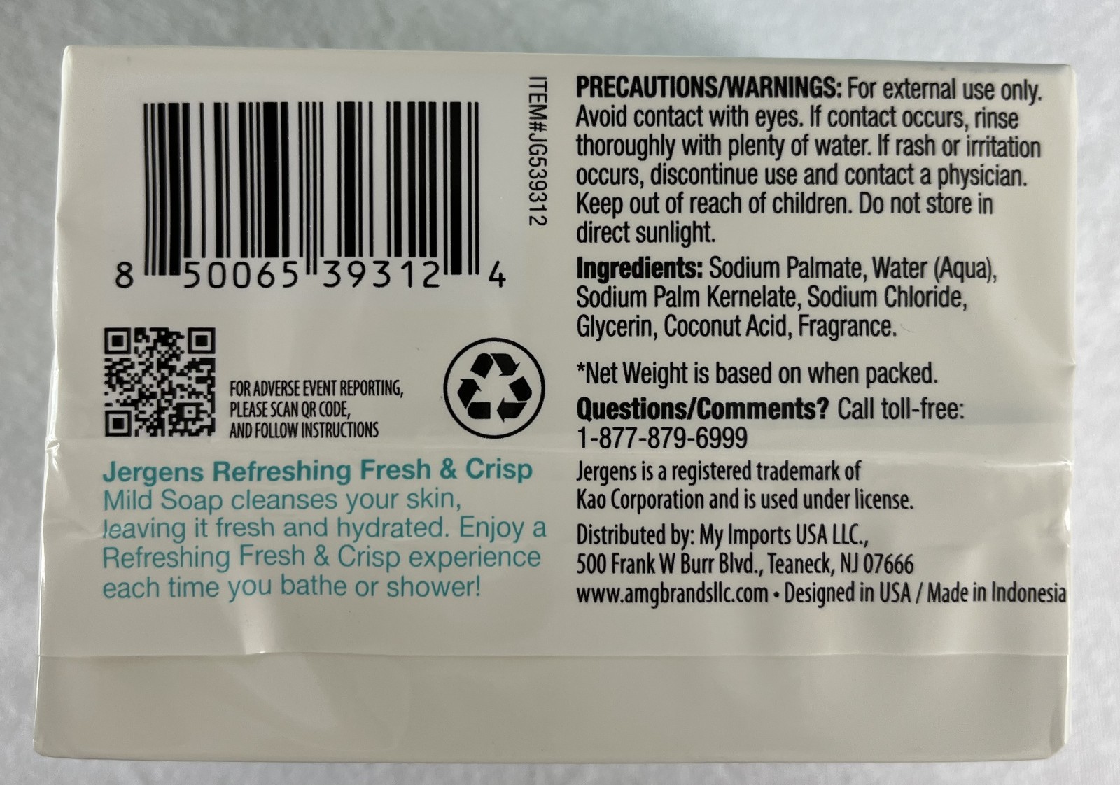 Jergens Refreshing fresh& Crisp Mild Soap 6 Bars (3 packs x 2 ) 3 Oz Each