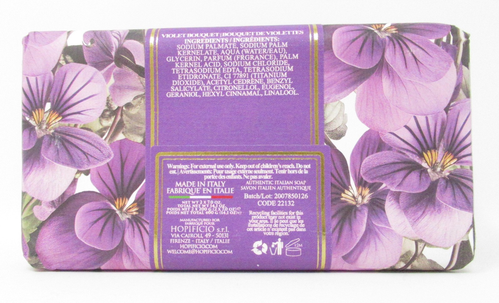 Hopificio Italian Luxury Bath Bar Soap 2 Pk Violet Bouquet scented 14oz (2x7oz)