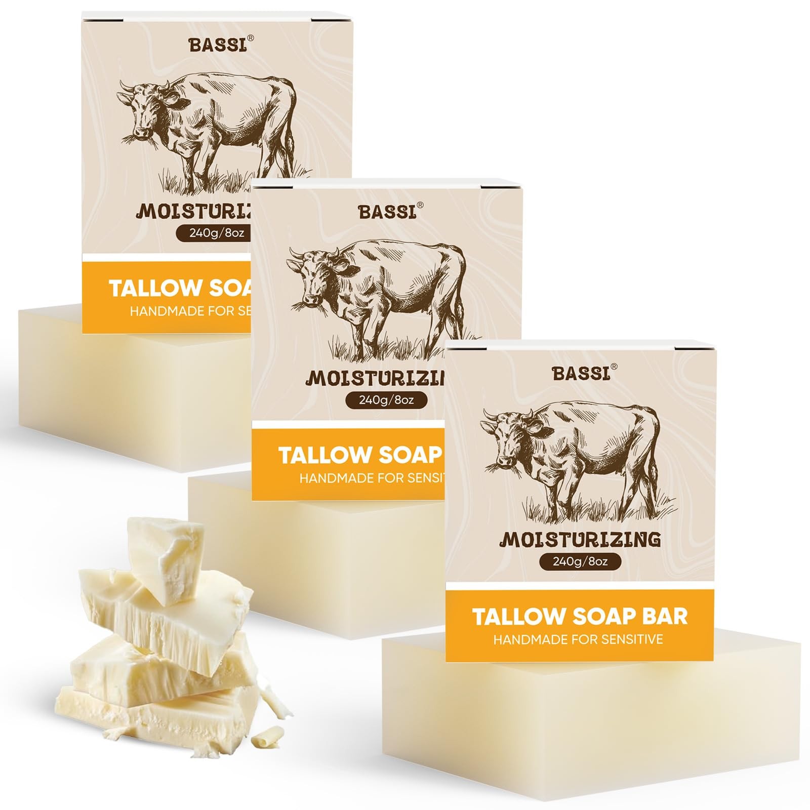 Beef Tallow Soap Bar, 2 Pack All Natural Grass Fed 4 Ounce (Pack of 2), Beige