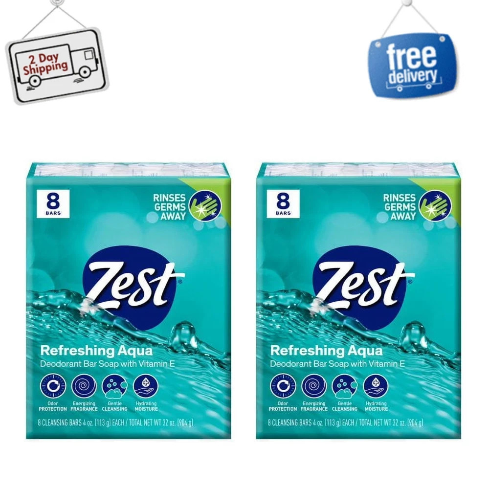 2 Pack Zest Aqua Deodorant Bar Soap, Hydrating Moisture, 4 oz, 8 Bars Per Pack