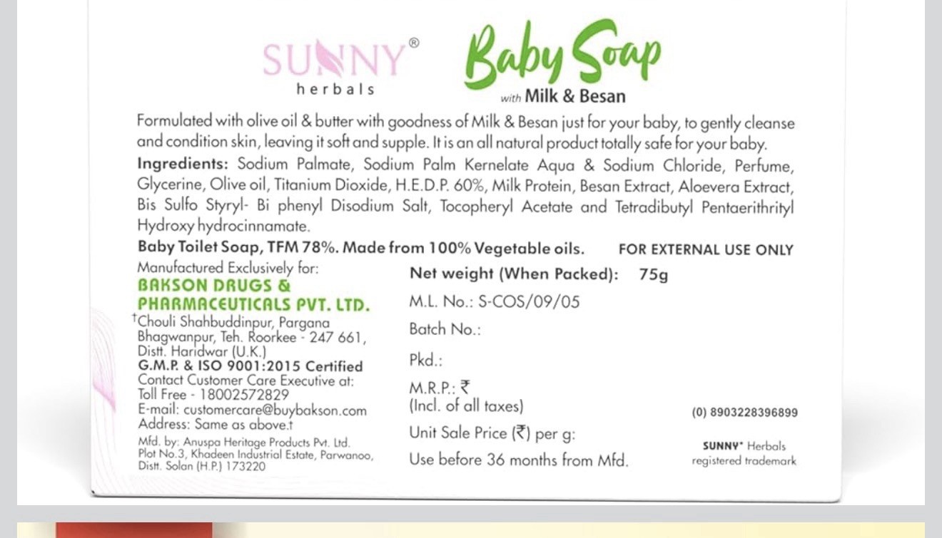 Sunny Herbals Baby Soap 75g Pack of 4 | Milk Besan Gentle Cleanser