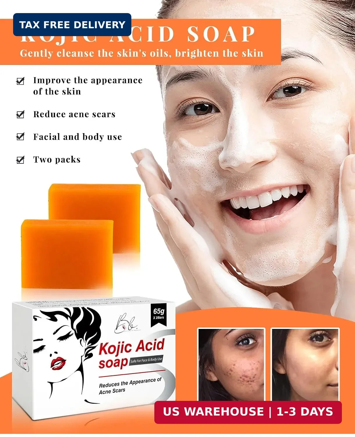 Kojic Acid Soap – 2 Bars in One Box (65g x 2) | Face & Body Cleansing Bar with T