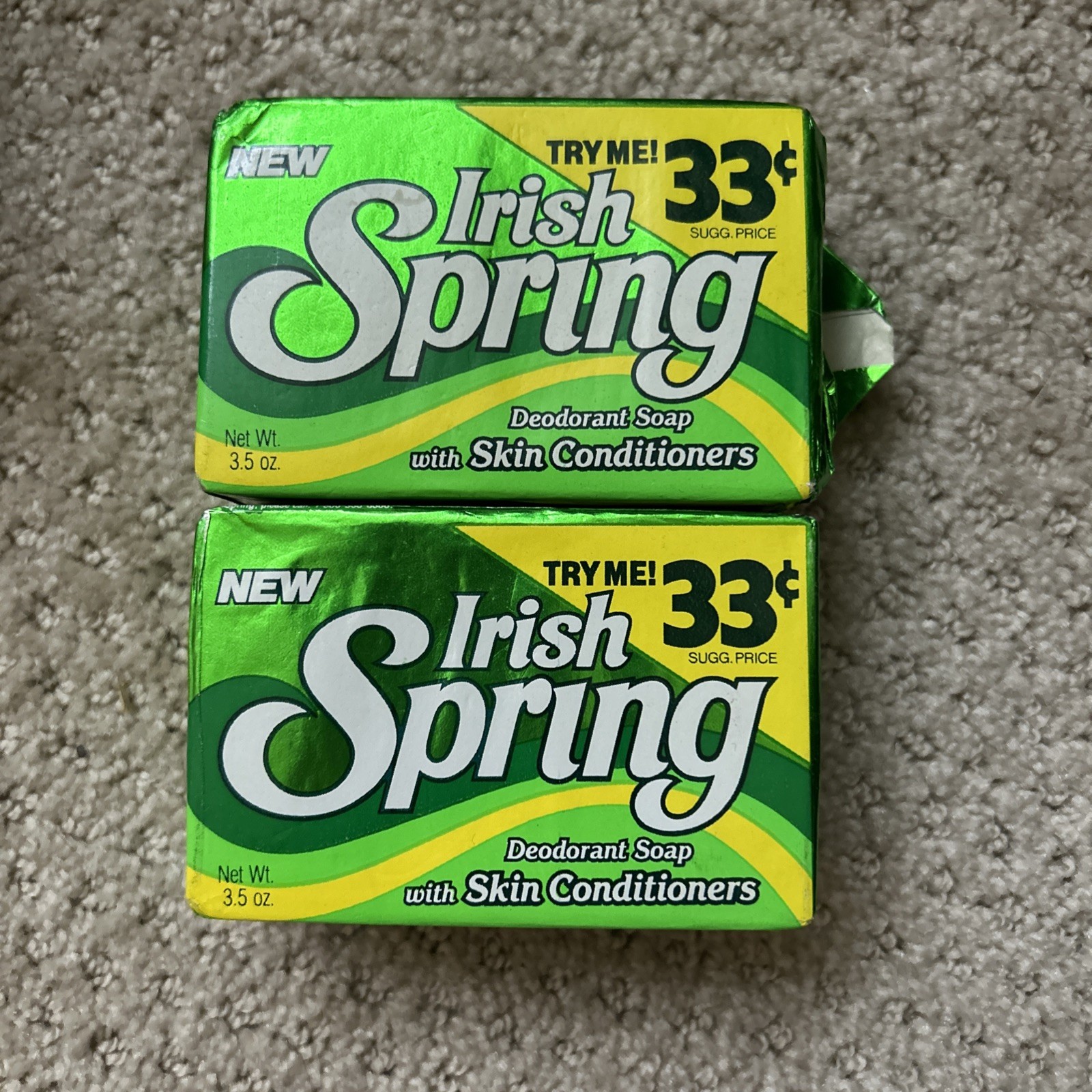 2 Bars of Vintage Irish Spring Deodorant Soap W/ Skin Conditioners Foil-Style