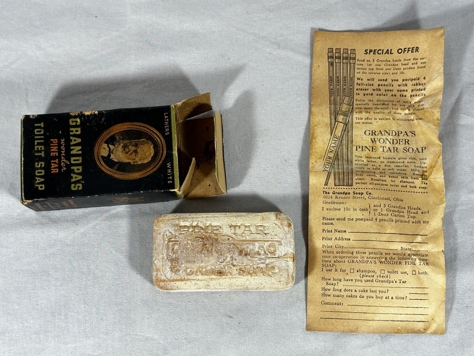 Antique Grandpa’s Wonder Pine Tar Toilet Soap Cincinnati Ohio Orig Paper Insert