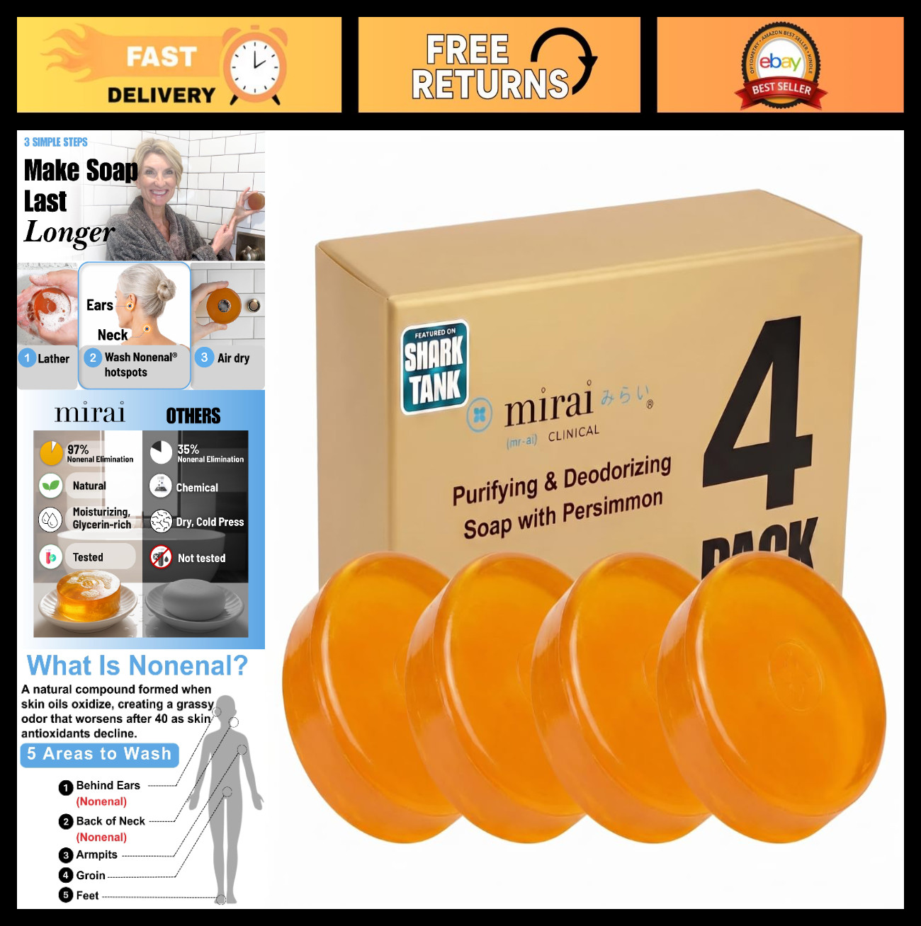 Persimmon Soap Bar for Body Odor – Pack of 4 (100g Each) – Deodorizing & Purifyi