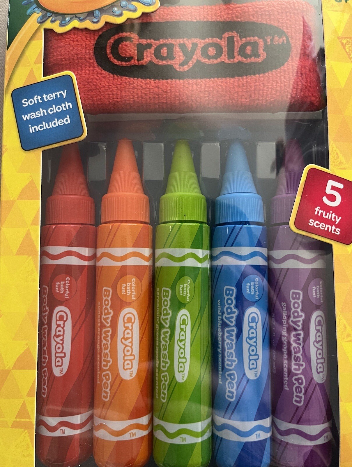 Crayola Bathtub Body Wash Pen Set, 5 Fruity Scents & Wash Cloth, New In Box