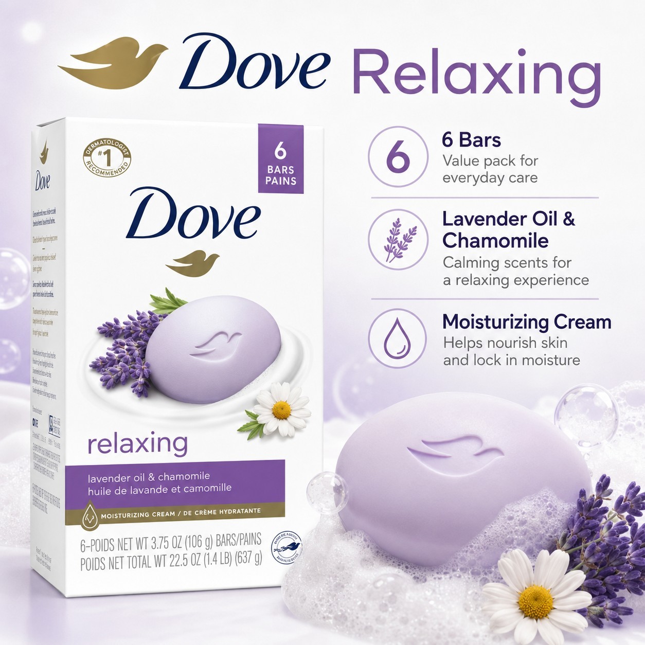 2x Dove Relaxing Beauty Bar Body Soap Lavender Oil & Chamomile 6 Bars 22.5 oz