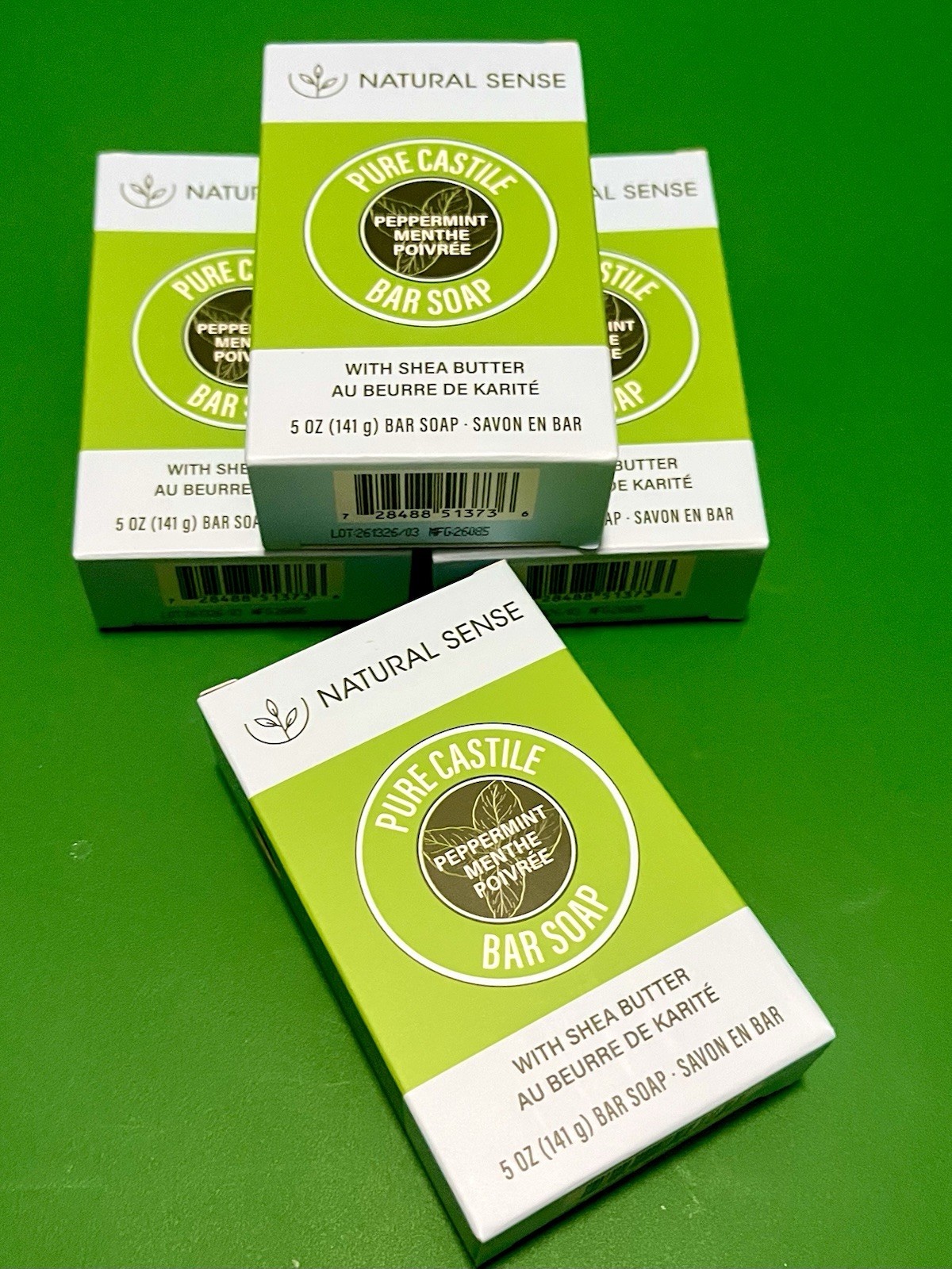 FOUR 5oz NATURAL SENSE Pure Castile Peppermint Bar Soap w Shea. Plant Based