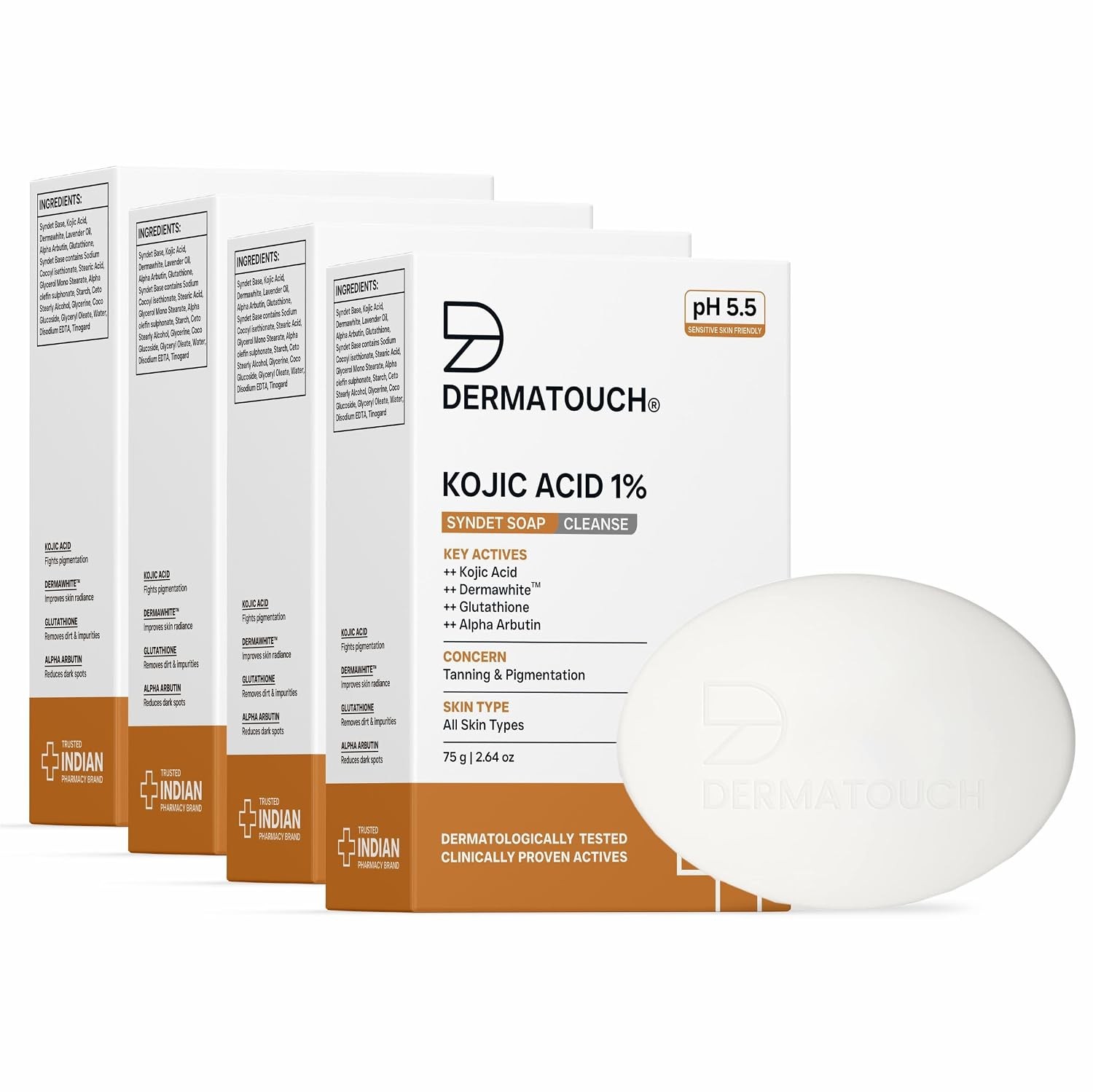 DERMATOUCH Kojic Acid 1% Soap 75g Glutathione Alpha Arbutin Syndet Bar pack of 4