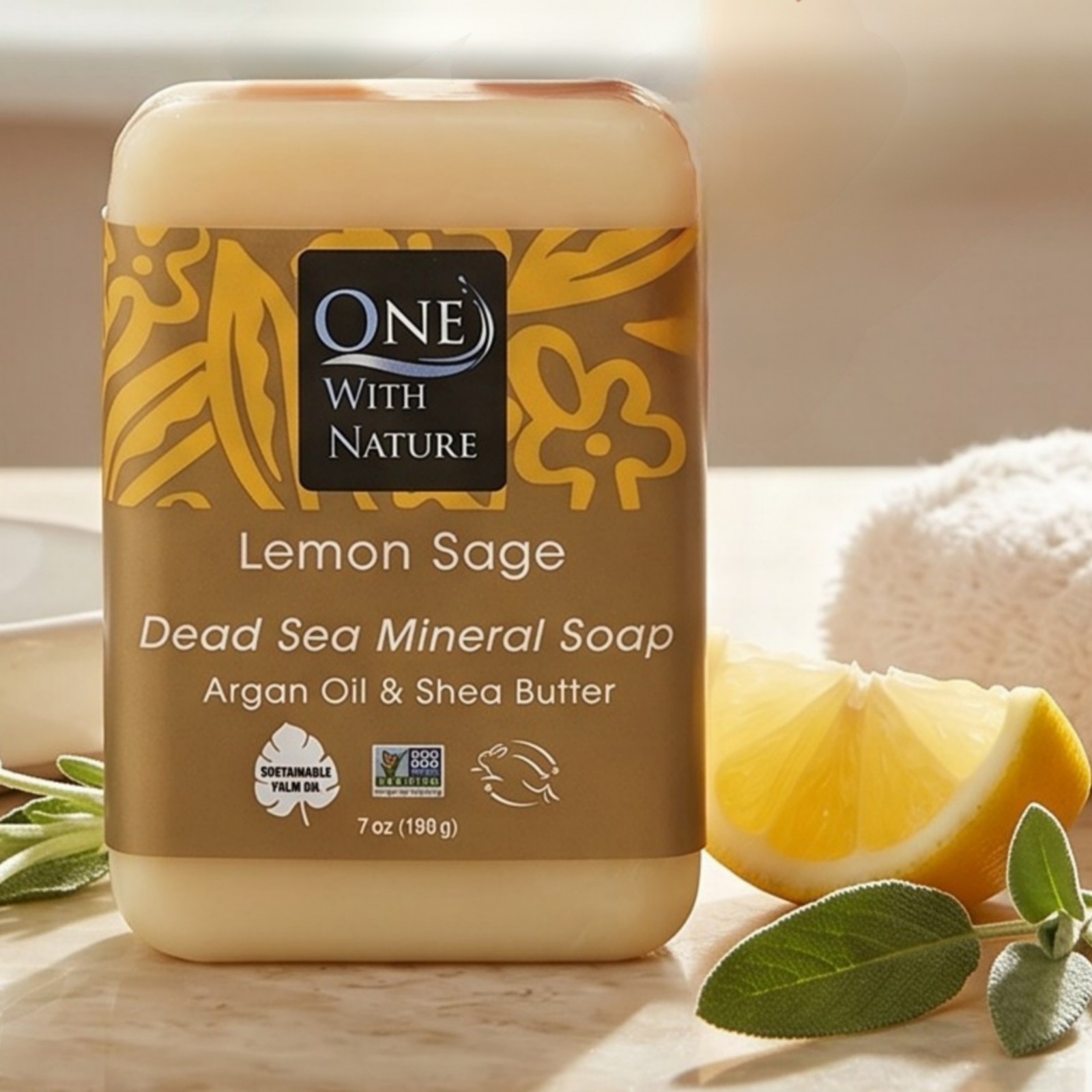 One With Nature Lemon Sage Dead Sea Mineral Bar Soap with Argan Oil Shea Butter
