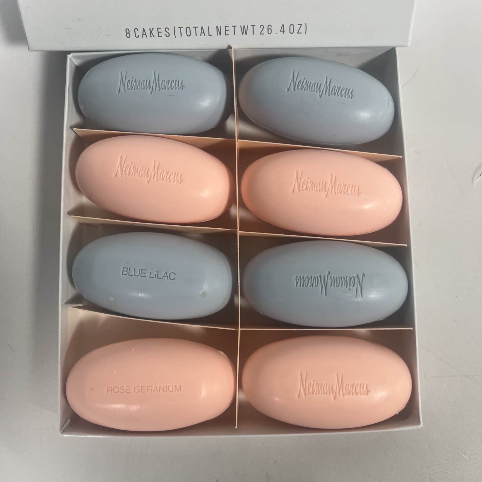 Neiman Marcus Soap 8 Oval Cakes Blue Lilac & Rose Geranium Cake 26.4 Oz NIB