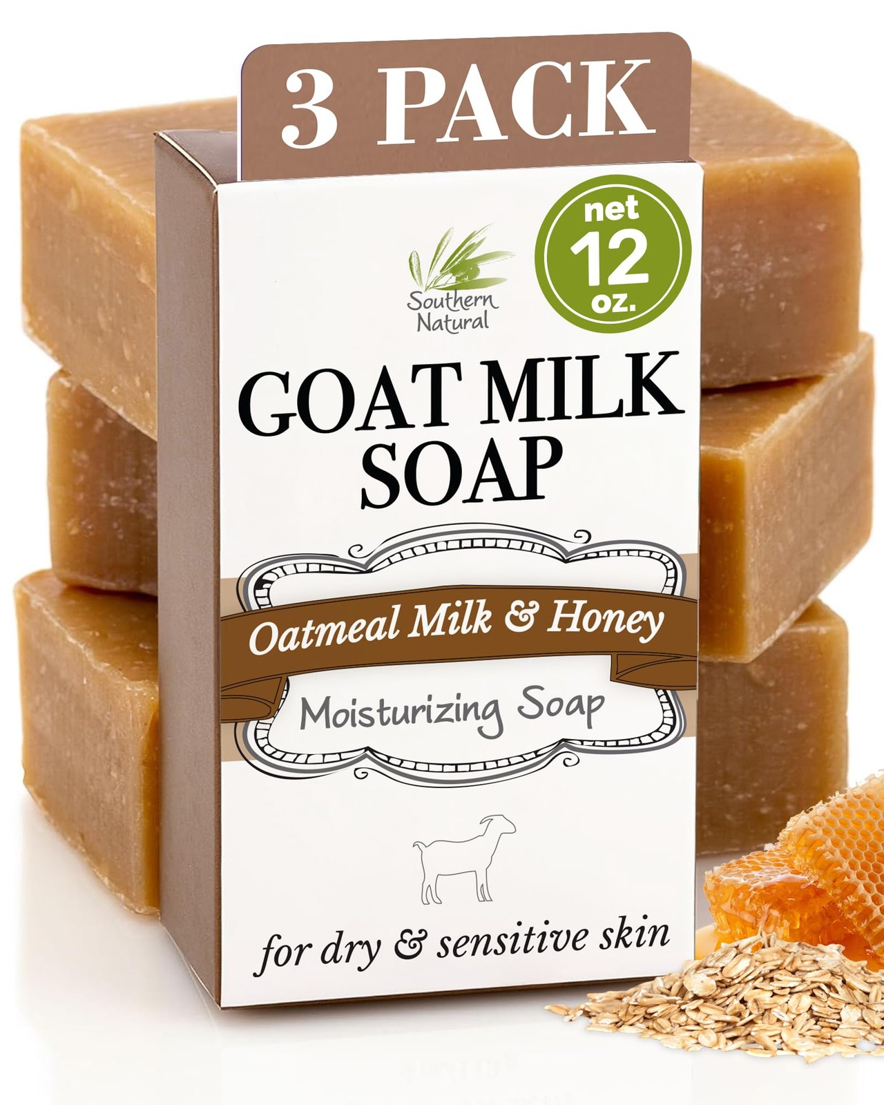 Goat Milk Soap Bar – Oatmeal Milk & Honey 3 Pack – For Dry Sensitive Skin. Na…