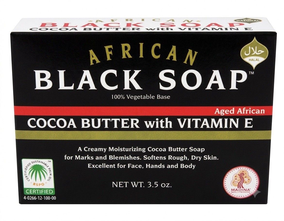Madina African Black Soap Cocoa Butter, Vitamin E, 3.5 Oz