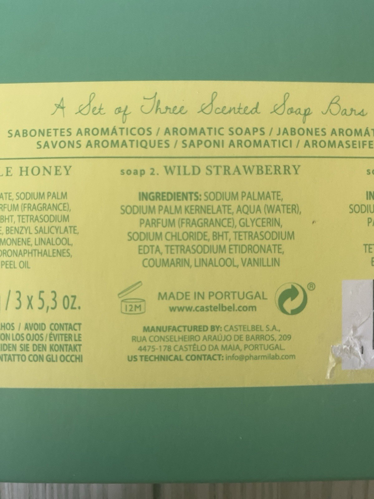CASTELBEL Ltd. Edition Set of 3 Soap Bars Lime/Mint, Strawberry, Pineapple Honey