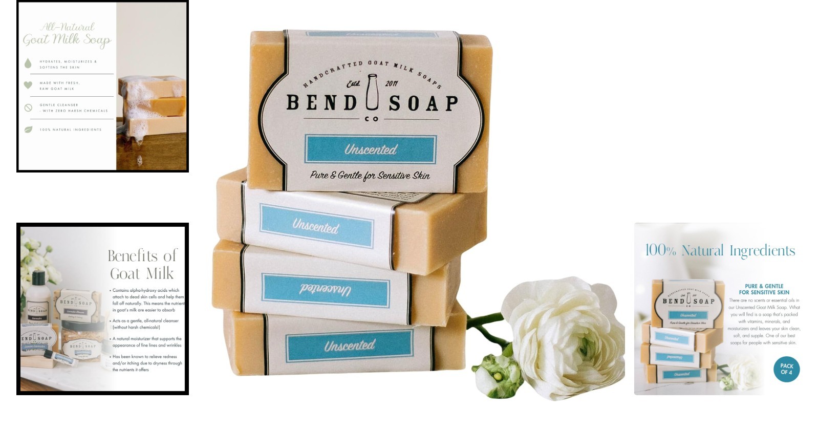 4 x 4.5 oz Handmade Unscented Goat Milk Soap Bars for Dry & Sensitive Skin