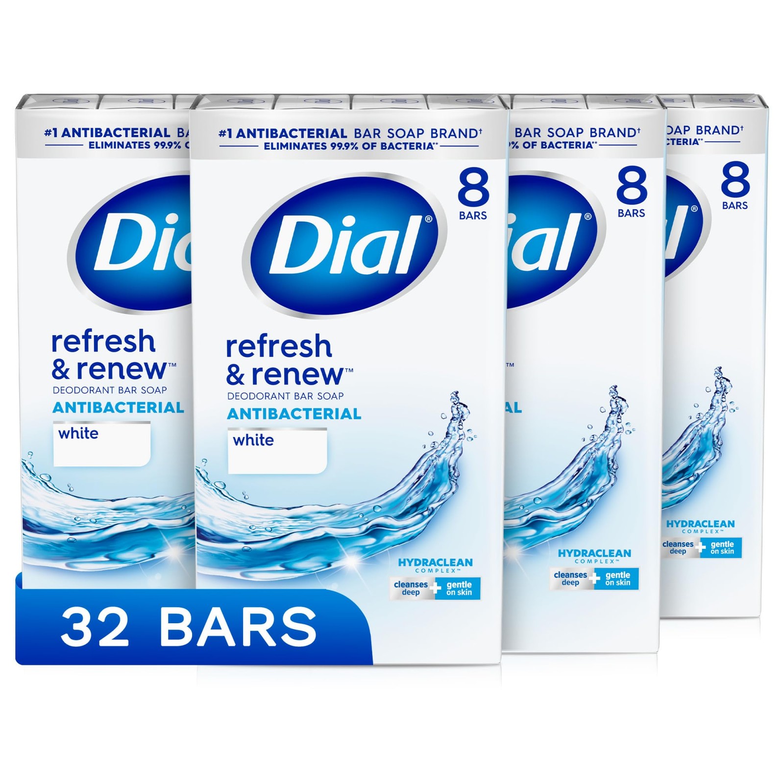 Dial Antibacterial Bar Soap, Refresh & Renew, White, 4.00 Ounce (Pack of 32)