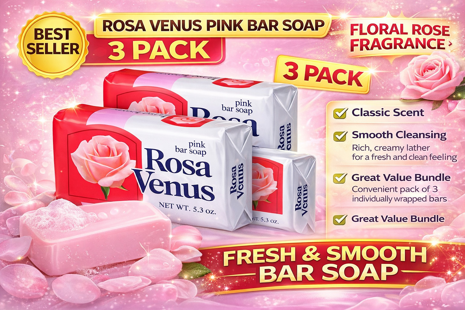 Rosa Venus Pink Bar Soap 3 Pack Floral Scent Moisturizing Bath Soap