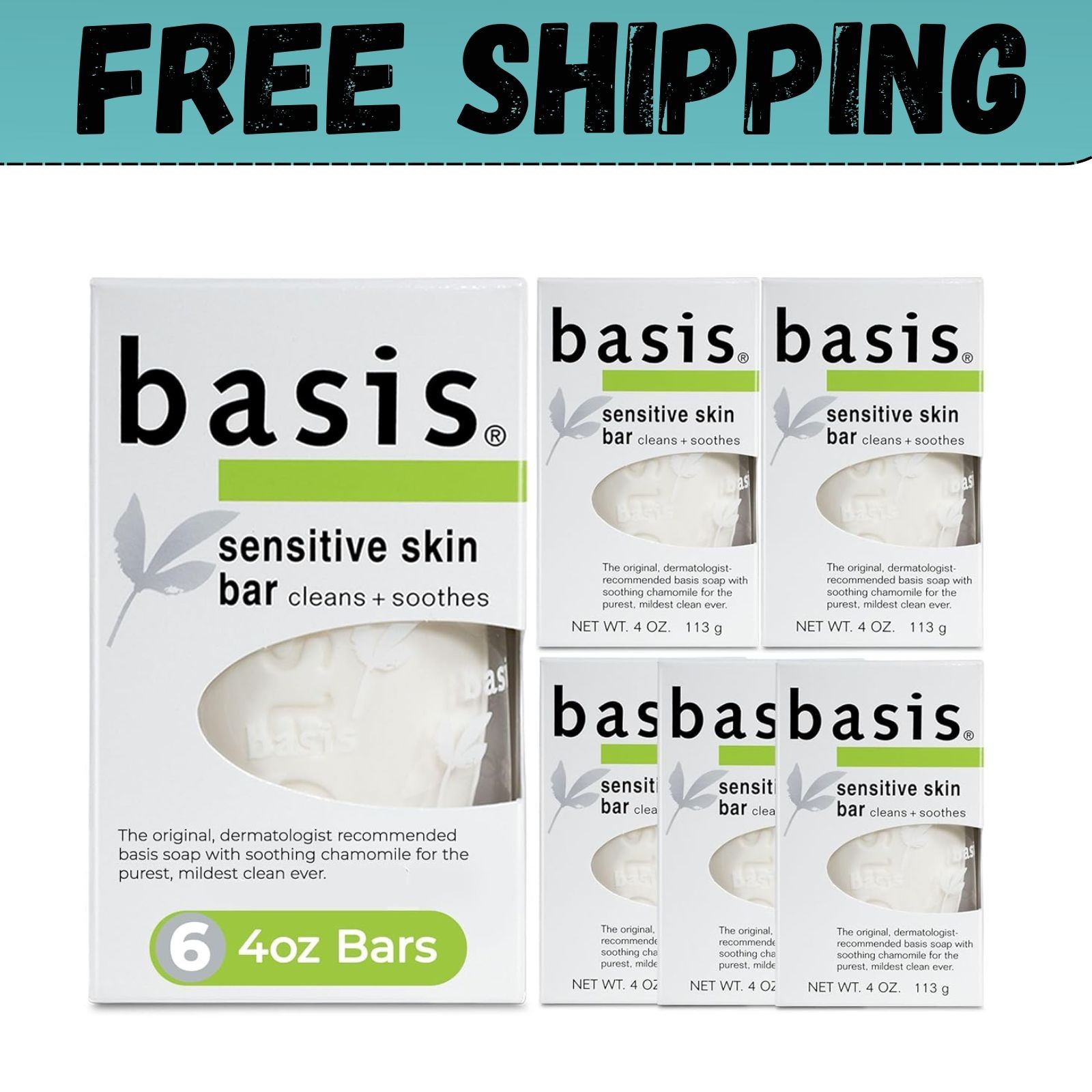 Basis Sensitive Skin Bar Soap Cleans and Soothes Pack of 6
