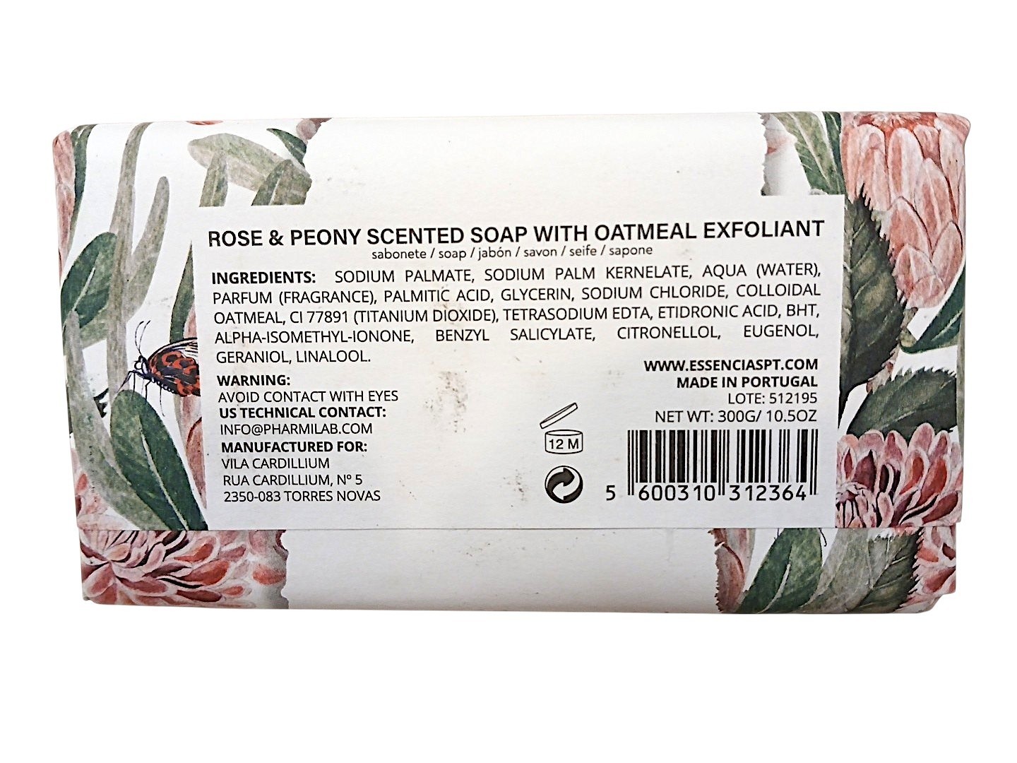 Vila Cardilium Rose & Peony Scented Soap Bar Oatmeal Exfoliant 10.5 oz Body Hand