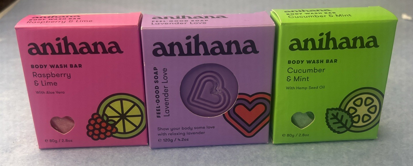 anihana Body Wash Bar Raspberry &Lime, Lavender Love, Cucumber & Mint Lot of 3