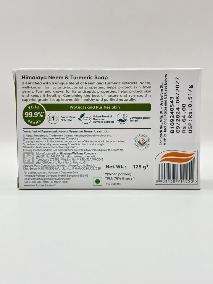 Himalaya Neem & Turmeric Soap 125g – Pack of 4, Natural Skin Care, Free Shipping