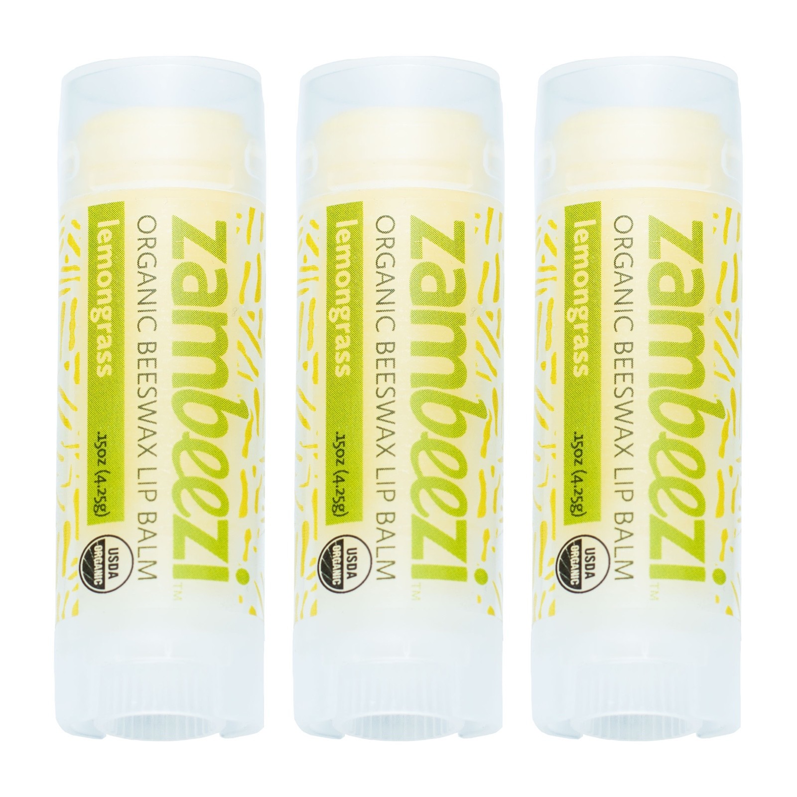 3 pack Zambeezi Organic Fairtrade Beeswax Lip Balm from Zambia Africa Lemongrass