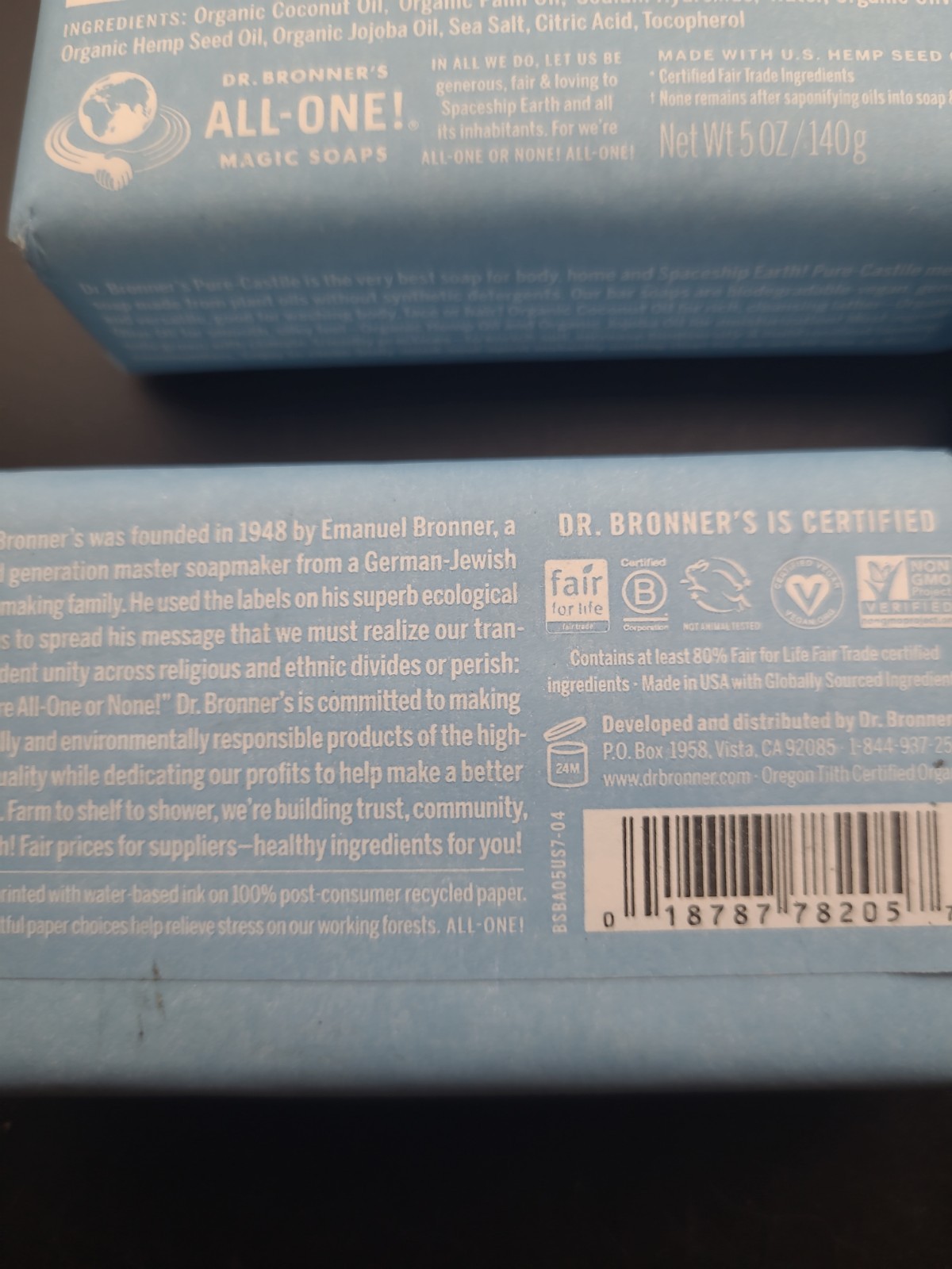 4 Bars Dr. Bronner’s All-One Hemp Baby Unscented Pure Castile Bar Soap Organic