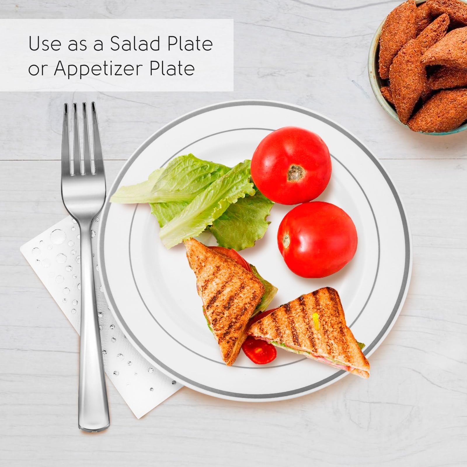 Stylish 7.5 Inch White and Silver Plastic Plates, Disposable Forks and Cockta…