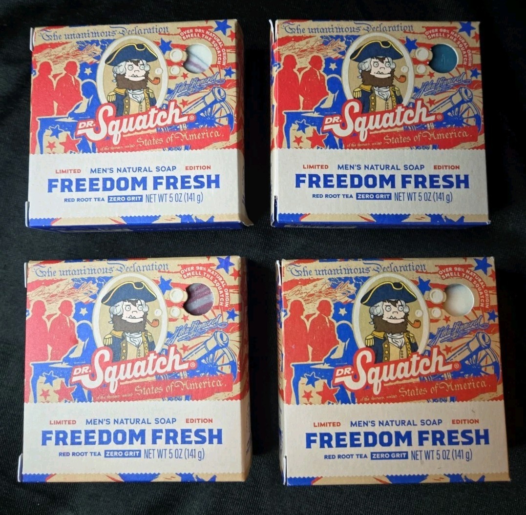 4 Pack Of Limited Ed Dr. Squatch Freedom Fresh Bar Soap – 5oz Each Zero Grit