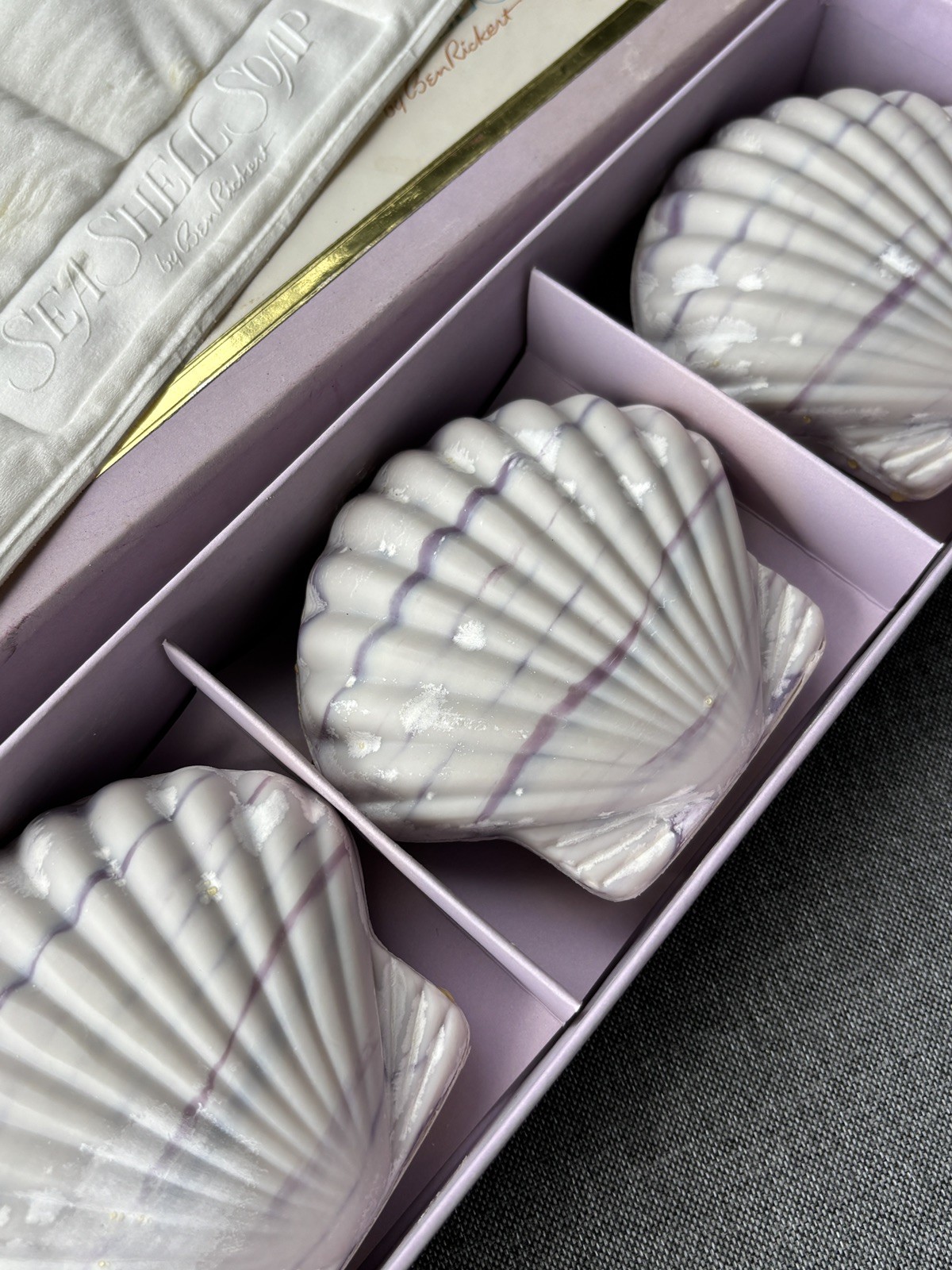 Decorative Sea Shell Soap by Ben Rickert – Vintage – 3 Purple + White Shells