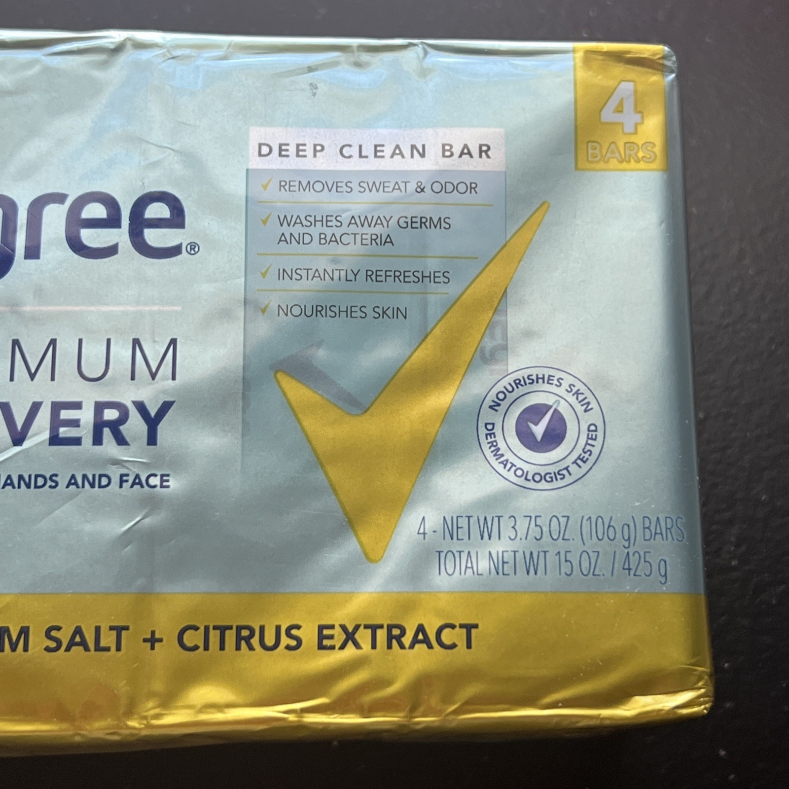 4 Bars Degree Maximum Recovery Epsom Salt + Citrus Extract Bar Soap 3.75 Oz. HTF