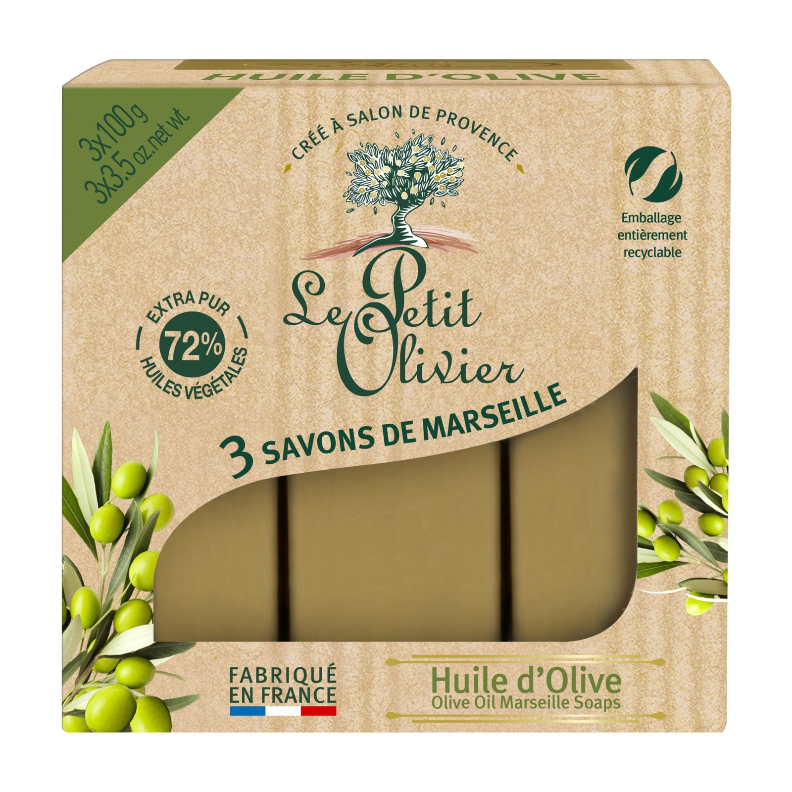 Olive Oil Marseille Soaps, 3 x 3.5 oz – Enriched with Olive Oil and Natural E…