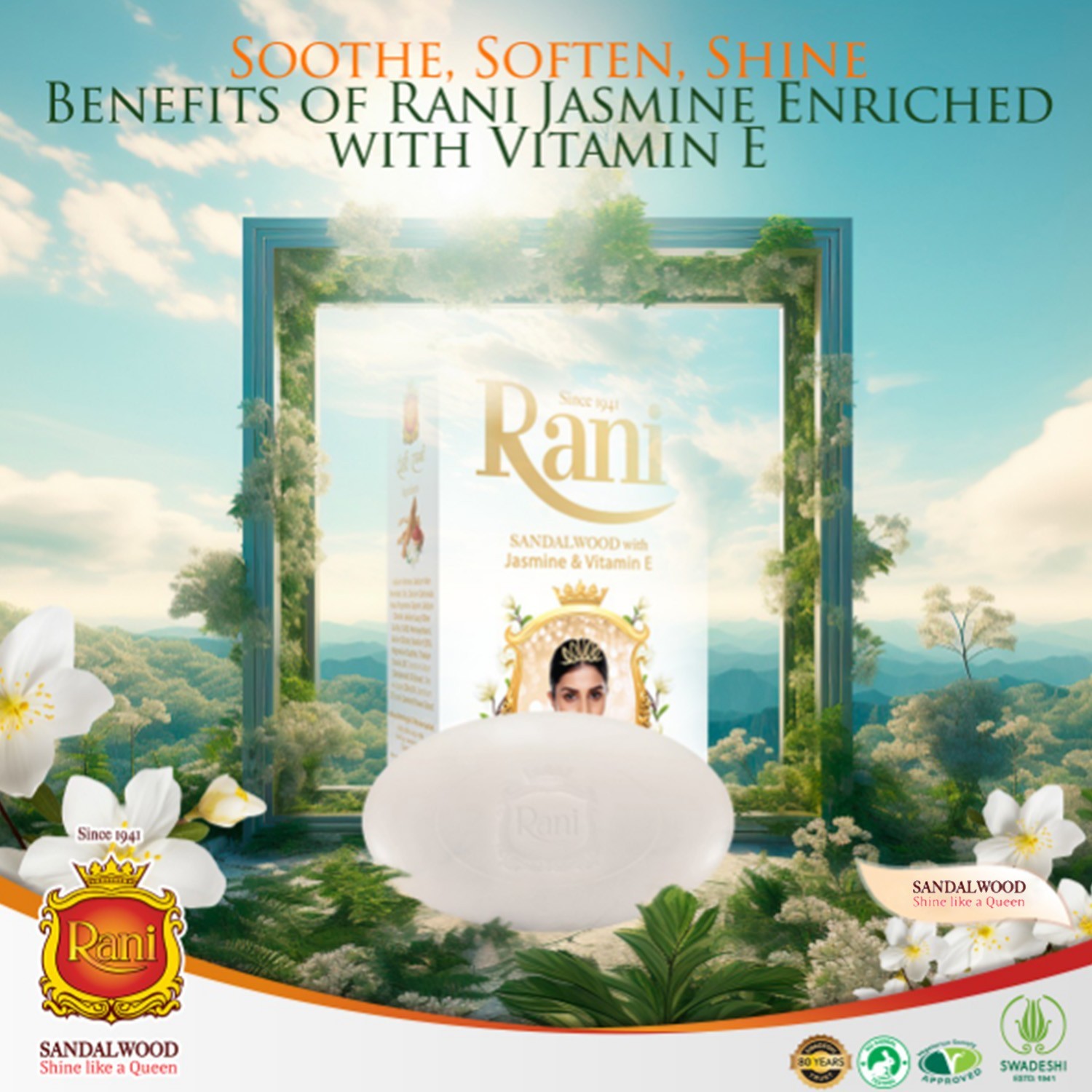Rani Sandalwood with Jasmine & Vitamin E Bathing Bar Soap Natural Beauty 5 PCs