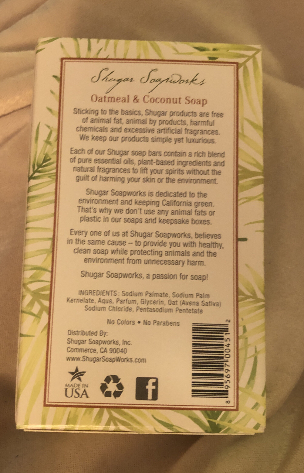 Shugar Soapworks Luxury Soap Huge Bath Bar Oatmeal Coconut 6.25 Oz (177g)