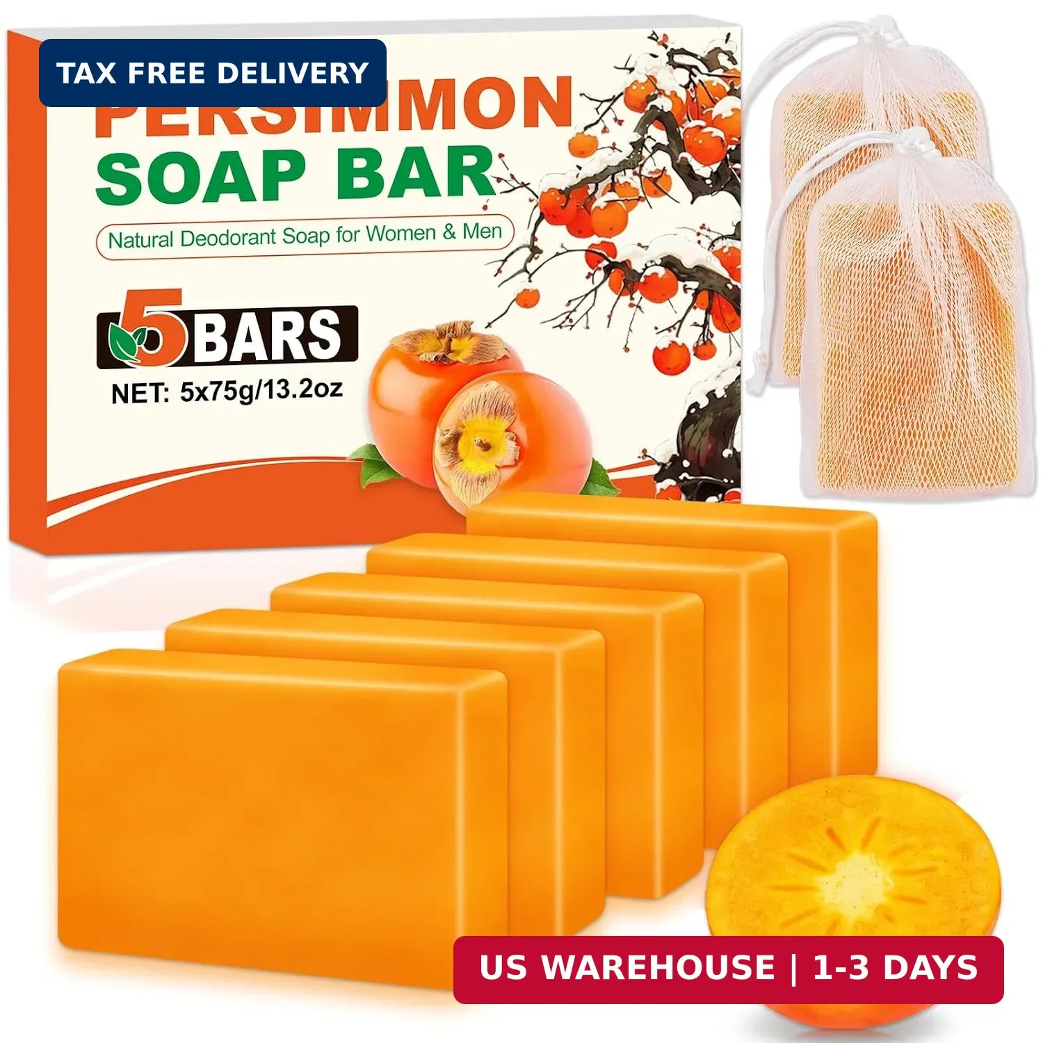 5 Pcs Persimmon Soap for Old People Smell, Persimmon Soap Bar for Body Odor Cont