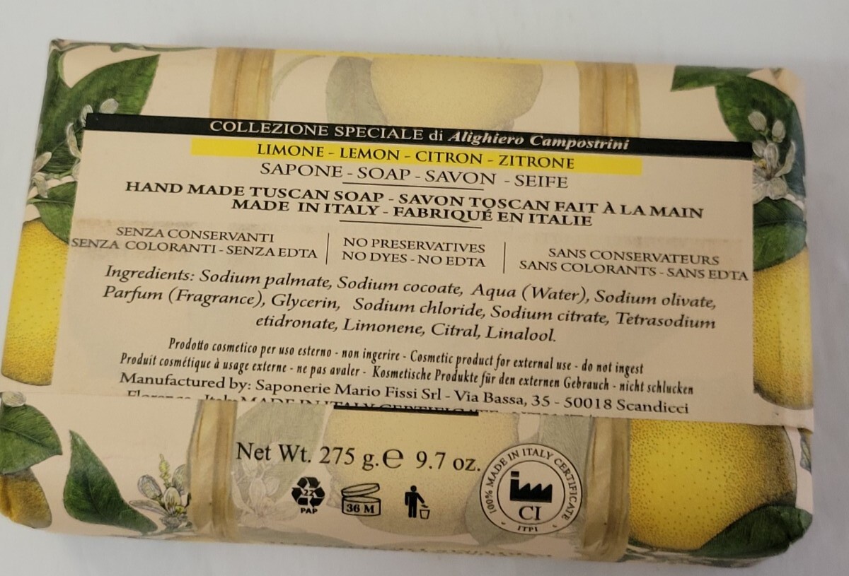 Lemon Luxury Soap Bar Sapone Hand Made Tuscan Preservative Free 9.7 oz