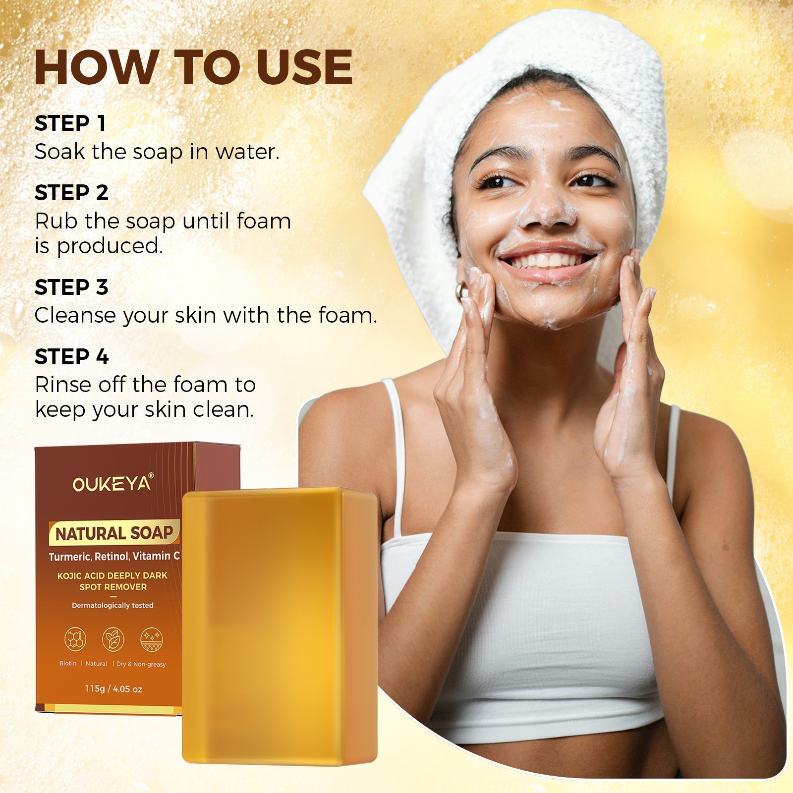 OUKEYA Kojic Acid Soap Dark Spot Whitening Turmeric Skin Anti-aging Lightening