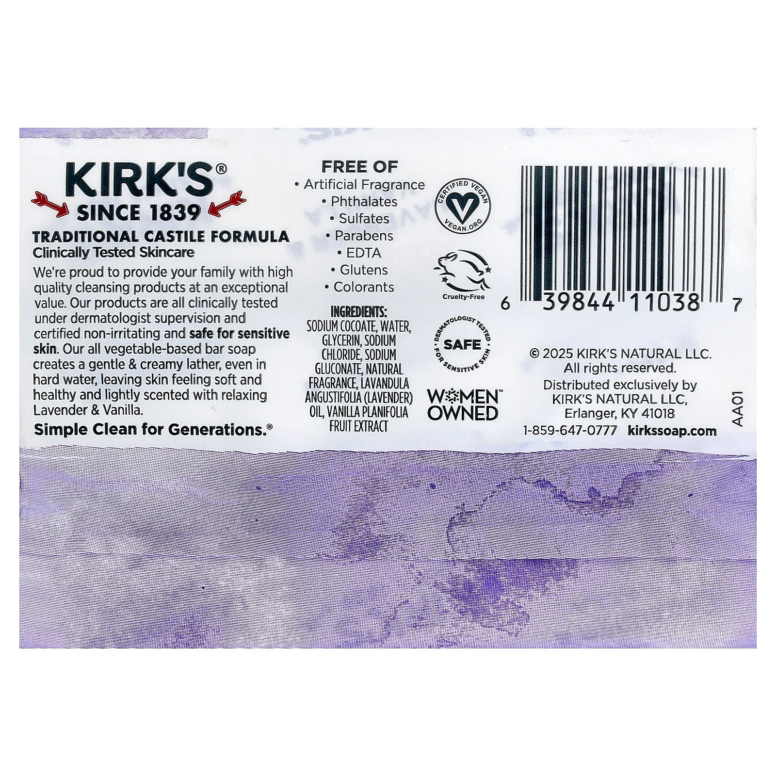 100% Premium Coconut Oil Castile Bar Soap, Lavender & Vanilla, 3 Bars, 4 oz (113
