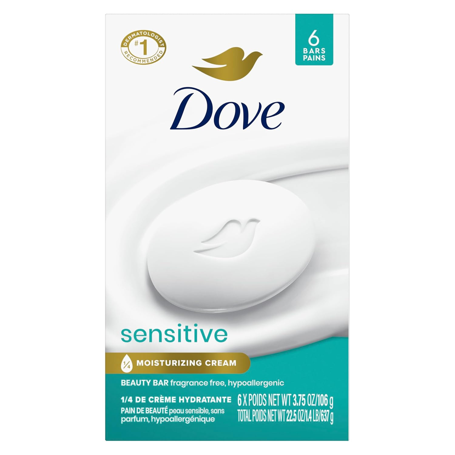 Dove Beauty Bar Soap Sensitive, 6 Bars for Sensitive Skin, Fragrance Free and Hy