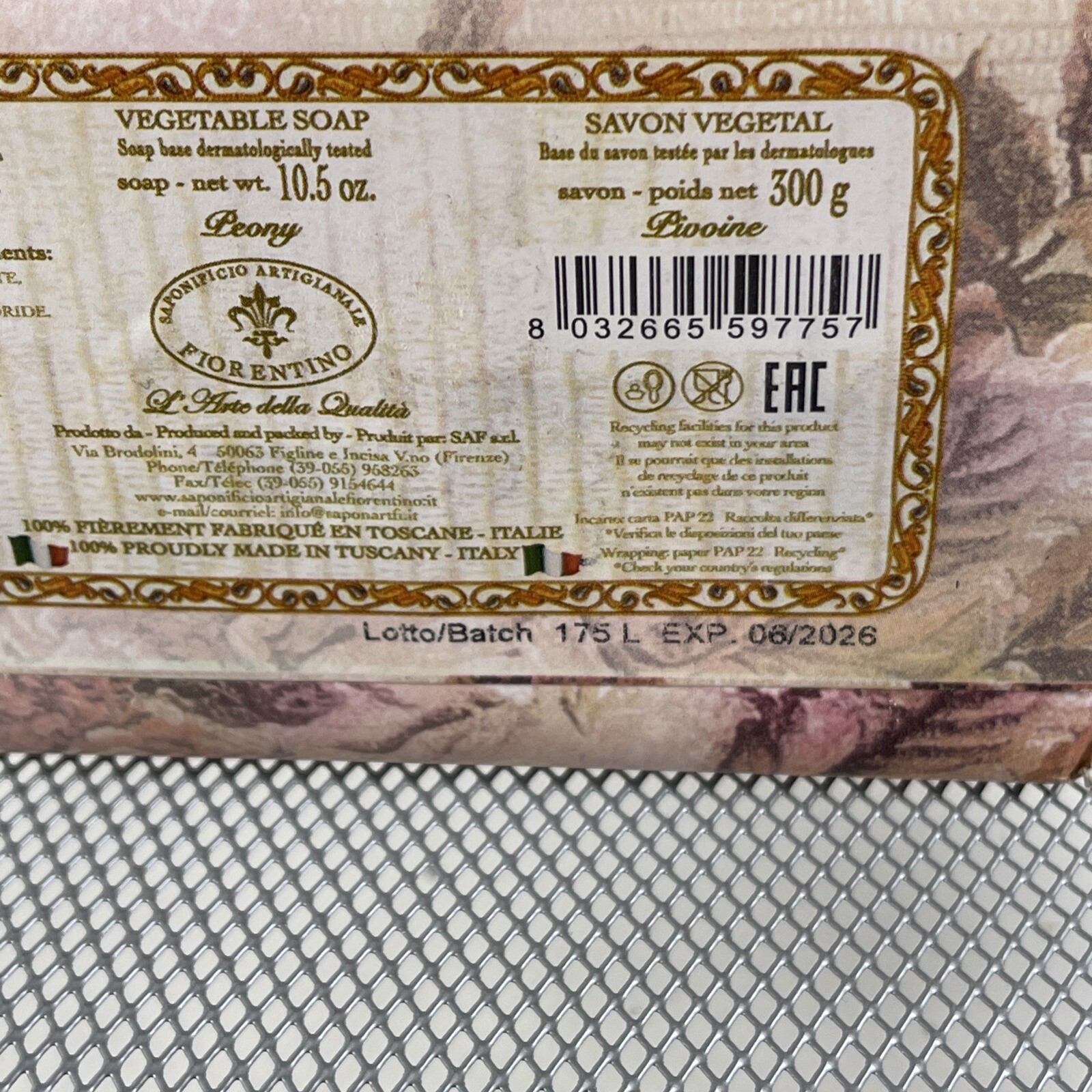NEW Saponificio Artigianale Florentino Boudoir Peony Scented Soap Bar 10.5 Oz.
