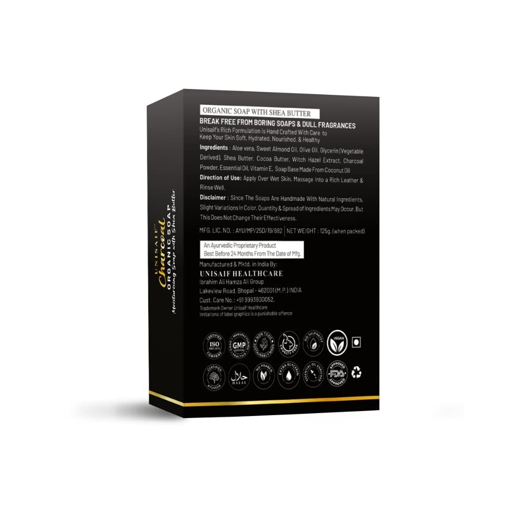Unisaif Classic Charcoal Organic Body Soap Bar, Moisturizing With Shea Butter