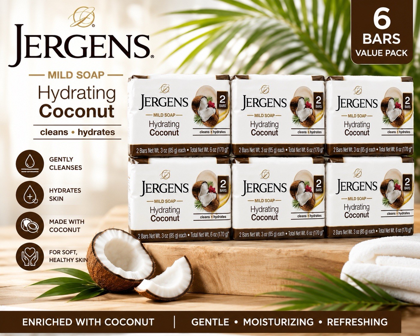 (6) Jergens Mild Coconut Bar Soap. 12Bars Total, 3 Ounces Each